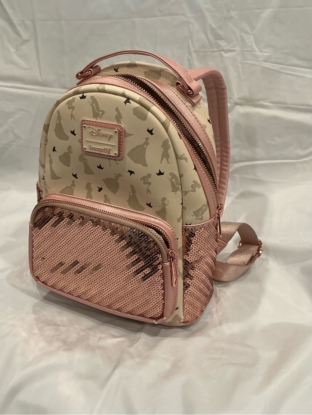 Loungefly Cream Disney Princess Silhouette Mini Backpack with Pink Sequin Pocket